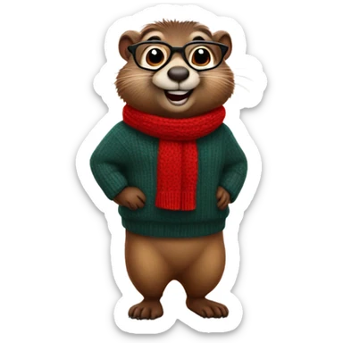 winking cute groundhog in a fully red sweater and glasses full body shown sticker