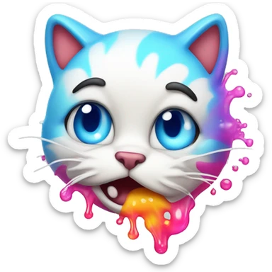 A cute cat character looking unwell, with a colorful stream of liquid coming from its mouth, depicted in a cartoonish and playful style sticker