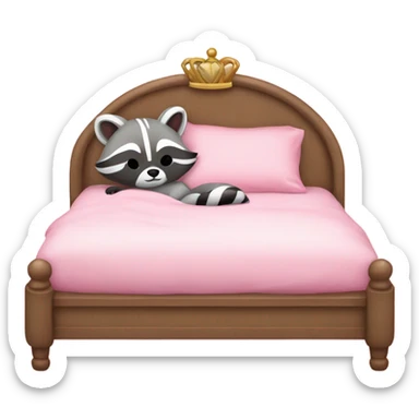 princess style bed with sleeping cute racoon wearing pink bow on head in it sticker