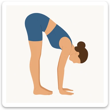 "Minimalist flat vector illustration of a woman doing yoga in forward fold pose (Uttanasana), wearing sportswear (blue top and blue shorts), brown hair in a bun, clean white background, no face details, elegant style" sticker