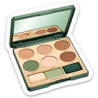 An elegant open makeup palette with earthy-toned eyeshadows and a small mirror, minimalist line art, warm beige and marsh green background sticker