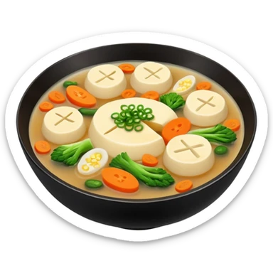 A black bowl filled with soft, uneven pieces of dough floating in a clear Korean broth, with sliced vegetables on top sticker
