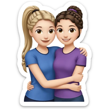 Hug two white skin women, one shorter woman with medium brown simple top ponytail, not braided, and one taller woman with a single long black side braid sticker