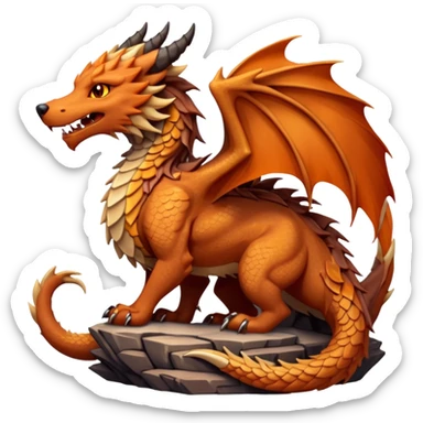 Majestic wolf-like dragon with red sandstone scales and layered plates resembling canyon rock formations. Crystallized mineral mane with copper and gold hues runs down its neck and back. Obsidian claws, amber eyes, and a tail of stone spires. Pokémon style. orange-ish brown fur/scales. sticker