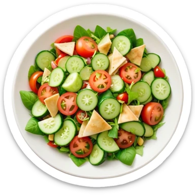 Cinematic Realistic Fattoush Salad Dish Emoji, depicted as a colorful medley of greens, tomatoes, cucumbers, and crispy pita rendered with vibrant textures and refreshing lighting. sticker