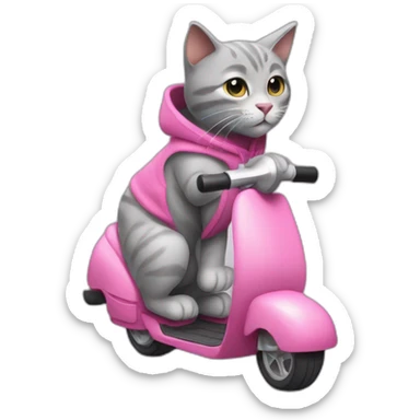 A gray stuffed cat. This cat is wearing a sleeveless sweater with a pink hood. He rides a manual scooter. sticker