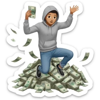 casually dress person in jeans and a hoody jumping into a pile of money sticker