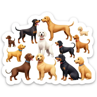 Collage of various dog breeds like Doberman, Poodle, Dachshund, and Golden Retriever, playing in a park with trees and grass. Some dogs run, others sit, all are full of energy and happiness. A joyful, colorful scene with playful expressions. Transparent background. sticker
