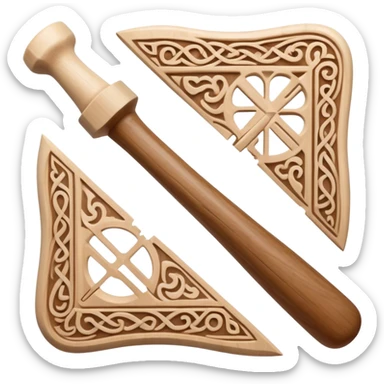 Scandinavian carving icon, bone with intricate Norse patterns, show chisels and carving tools, minimalistic style, clean lines, transparent background. sticker