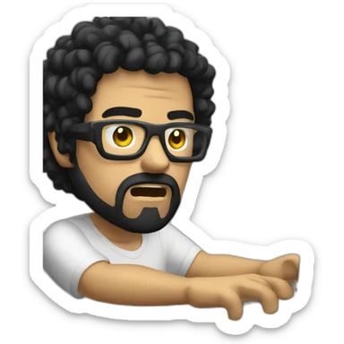 angry men with black curly hair and beard with golden glasses working on computer sticker