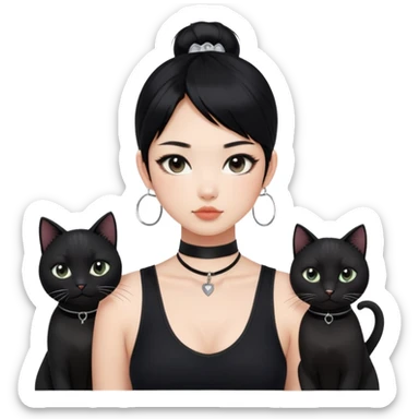 Asian girl, black hair.  Holding two BLACK cats with one cat has a round fat face. Both pure black.  The girl also wearing a black singlet, a black chocker, silver round hook earring, and wearing eyeliner.  sticker