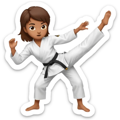 Ragazza castana che pratica karate, ha la cintura nera ed io tradizionale kimono bianco del karate, tira un calcio laterale  sticker