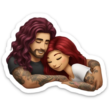 Beautiful tattooed burgundy long haired woman laying on the boyfriends chest sticker