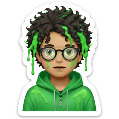 pale light brownskin boy with green slime coming out his eyes, and black glasses, nosering, wit messy, and curly freeforms, wearing a red hoodie with a Glo Gang sun on the hoodie. sticker