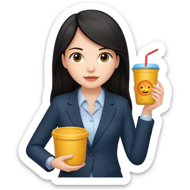 long dark haired woman with suit holding food container sticker