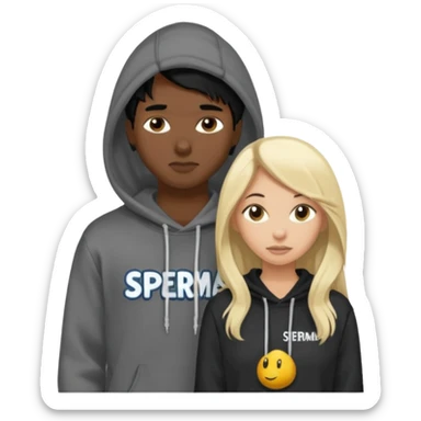 I want it to be this emote 🙍‍♂️
of a guy with black hair and a black sweatshirt with the word "sperma" written in white in the middle. Behind him, there's a pretty blonde with long hair, pulling the string on the first person's hoodie. The girl is wearing a gray sweatshirt. sticker
