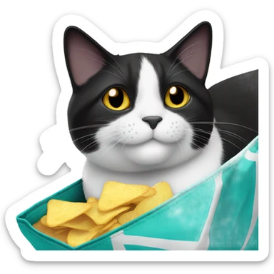 tuxedo cat eating a bag of chips sticker