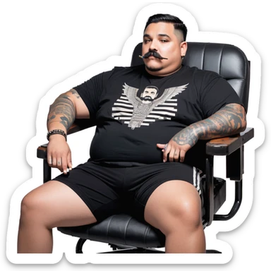 Large man reclining in chair, legs spread, smoking a cigarette, round face, very short black hair, beard and mustache, light skin, black t-shirt with light stripes at top riding up to show belly, black shorts, arms covered in black graphic tattoo patterns sticker