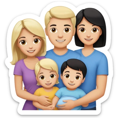 family with blond dad, brunette mom, blonde son, daughter with black hair, and a baby sticker