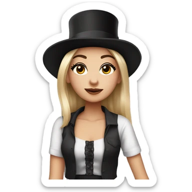 A girl with make up wearing ￼ a crop top shirt with ￼a top hat sticker