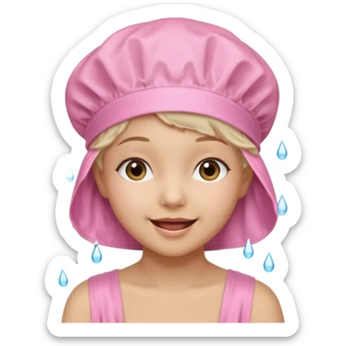 happy girl with a light pink shower cap sticker