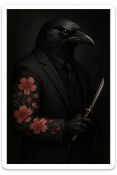 A crow in a yakuza suit, with a stern expression, holding a tiny katana, and a cherry blossom tattoo on its wing. sticker