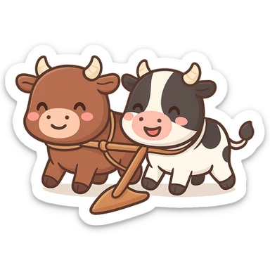 Edit the chibi cartoon sticker to place the yoke and traditional plow (نیر و ئامور) clearly between the two cows, matching the reference image. Use a cheerful and colorful style with a transparent background. sticker