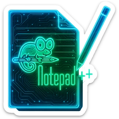 Transform the Notepad++ logo into a cyberpunk, holographic style with glowing neon blue edges and circuit patterns throughout. Maintain some of the original green color, especially in the chameleon and the notepad. Include both blue and green neon glow for a futuristic look, keeping the design clean and recognizable. Use a transparent background. sticker