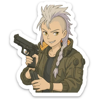 1 female, gold yellow eyes, white hair lavender tips, long white braid, unruly locks in front, mohawk, wearing trademark cyberpunk jacket with the lit up inner collar, reloading a m9 pistol with a smirk sticker