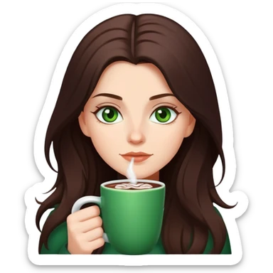 white girl with dark brown long hair,green eyes, and a hot chocolate sticker
