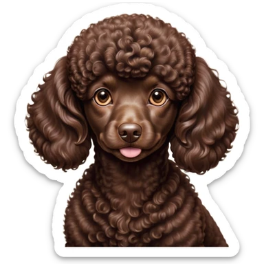 Cinematic Noble Chocolate Poodle Portrait Emoji, Poised and regal, with a refined, elegant build and a meticulously groomed, curly chocolate Fur, deep-set soulful brown eyes, Simplified yet sharp and sophisticated features, highly detailed, glowing with a soft, dignified glow, high shine, intelligent and graceful, stylized with an air of sophistication, focused and attentive, soft glowing outline, capturing the essence of a watchful and confident companion, so majestic it feels as though it could prance out of the screen with effortless authority! sticker