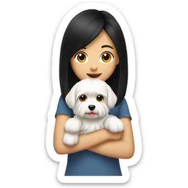 A teenage girl with black, shoulder-length hair holding a Maltese dog. She is East Asian sticker