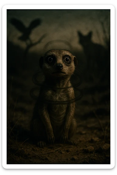 A hyperrealistic, cinematic illustration of a small wild animal, such as a rabbit or a meerkat, with wide, alert eyes and tense body posture, standing in a dry, rugged environment with predators lurking in the shadows. The animal's chest is visibly rising and falling rapidly, representing short, shallow breathing due to constant fear and vigilance. The background is dimly lit, with faint shadows of predators like hawks or foxes barely visible, symbolizing the ever-present threat. Around the animal, subtle visual representations of tension and stress appear as tight, dark rings or smoke near its chest and head, while the environment feels heavy and oppressive. The color palette is muted earth tones, with sharp focus on the animal’s tense face and rapidly moving chest, while the environment around is slightly blurred, emphasizing the feeling of isolation and perpetual fear. The style is 35mm film hyperrealistic with a storytelling, National Geographic documentary aesthetic, capturing the concept of an animal constantly living in fight-or-flight, breathing fast and shallow to survive sticker