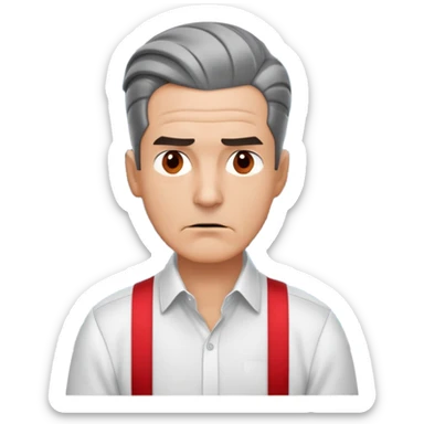 Gender: Male Hair: Slicked-back hair with stress-induced gray streak Face: Tension lines around mouth Clothes: Red suspenders over white shirt Action: Watching Bloomberg terminal with 6-screen data wall sticker
