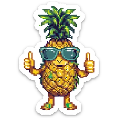 pixel art pineapple with sunglasses, smiling, giving a thumbs up sticker
