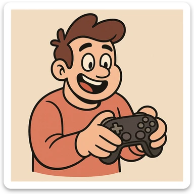 game player icon, playful character holding a game controller, friendly and inviting, rounded shapes sticker