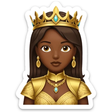 Bilquis from American Gods with dark skin, dark brown hair, gold outfit sticker