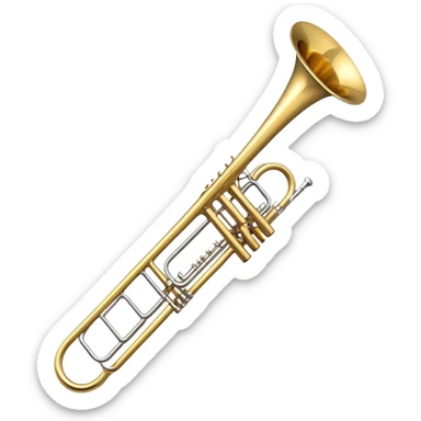 Create a sleek and professional emoji representing the Brahner TB-420 Bb/F tenor trombone. The design should feature the smooth, shiny brass body of the trombone with its distinct curved tubing and large bell. Highlight the tuning slide and the mouthpiece at the top of the instrument. The brass finish should be polished and reflective, with silver accents on the mouthpiece and tuning slide. Add subtle musical notes or soundwaves floating around the trombone to evoke its bold, brassy sound. Use golden and brass tones for the trombone with light reflections to emphasize its high-quality craftsmanship. The background should be transparent. sticker