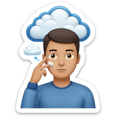 Casually dressed man with one hand on his chin, eyebrows slightly furrowed. A thinking cloud floats above his head containing a critical-thinking symbol (like a question mark, magnifying glass, or logic icon). Realistic emoji aesthetic, clean-shaven, soft neutral background sticker
