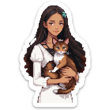 beautiful girl with long black hair wearing a white dress holding an Abyssinian cat with reddish-brown fur in her arms sticker