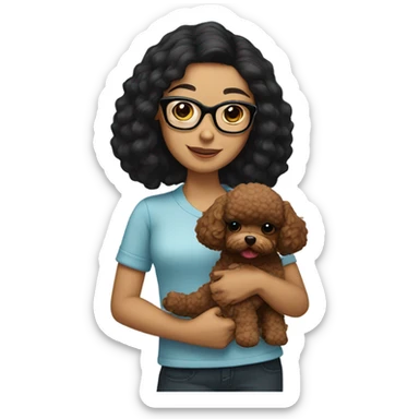 black hair girl with glasses holding a brown toy poodle sticker