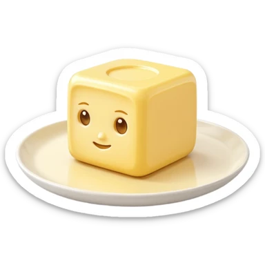 A 3D cartoon yellow butter block on a white ceramic dish, soft lighting, Memoji-style realism. sticker