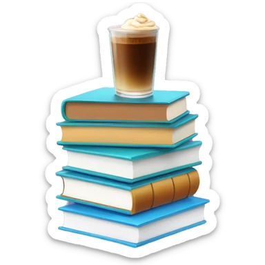 Stack of books with iced coffee sticker