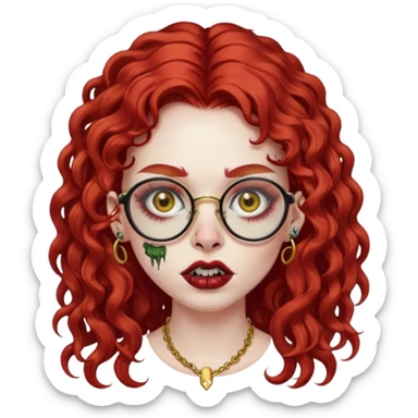 zombie girl with long red curly hair, thick lashes, black glasses, gold nose piercings on each nostril, and a gold eyebrow piercing. sticker