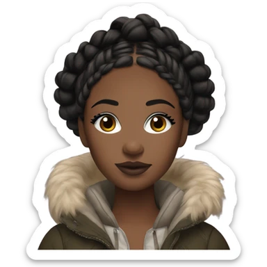 Black girl with boho braids, heavy makeup, FOV and realistic settings, lashes, makeup, with a crop top and a Canada goose jacket sticker