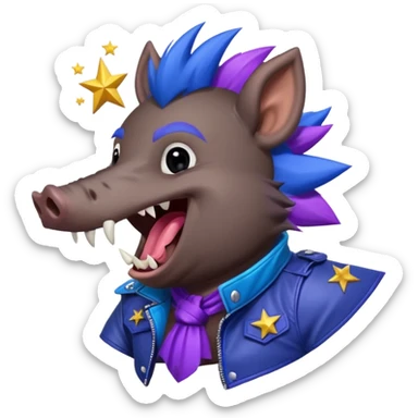 Sticker,A wild boar laughing loudly with a dark blue mohawk with purple and blue hues, wearing a black leather jacket, a wild boar with fangs, but not dangerous,  decorated with stars, ((cheerful, laugh)), surrounded by white outline, on transparent background sticker