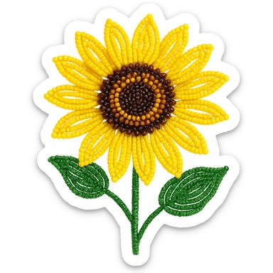 french beaded sunflower, stylized, vibrant yellow beads, green beaded leaves, delicate craftsmanship, isolated, no background sticker