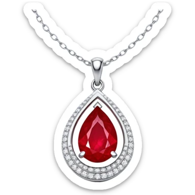 teardrop ruby pendant pulsing fiery red, cradled in a floating silver chain, haloed by glistening white stones like stardust sticker