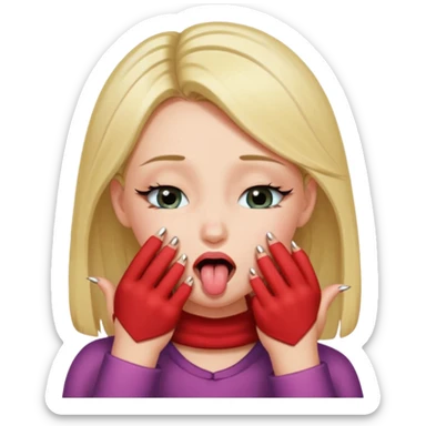 hyped up girl biting down on her tongue eyes closed hands closed with nails thumb sticking out, blushing and has eyelashes sticker