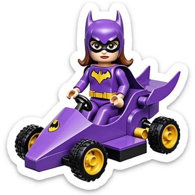 Hot full size real-appearance retro electric racing action BatGirl’s Lego feminine midnight-purple tight outfit sixty’s tv show 1992 stealthy retro sporty safe plush petite off-road pursuit cruiser car rose gold accents (black hair,reclined and relaxed torso seating position) go kart  sticker